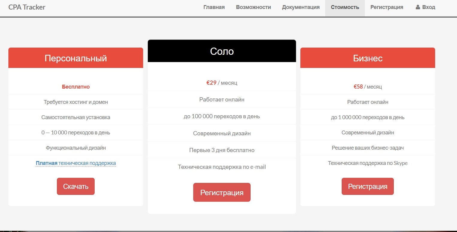 Форма оплаты тарифа CPA Tracker банковской картой