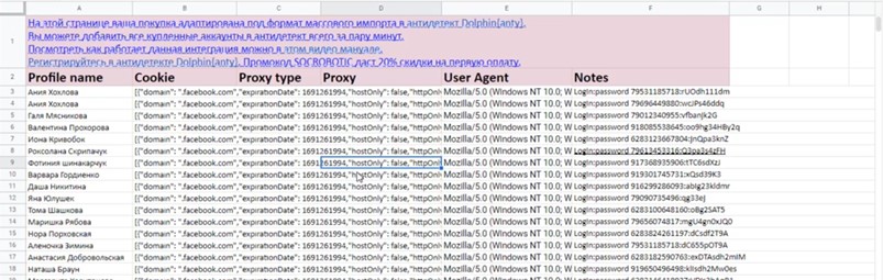 Пример Excel-шаблона для массового импорта профилей в Dolphin Anty с данными