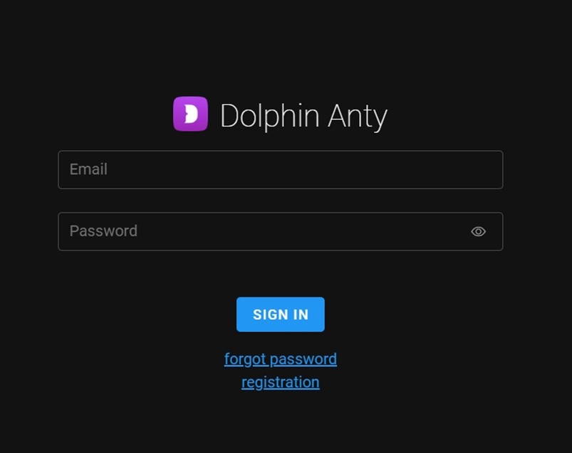 Страница авторизации в браузере Dolphin Anty: ввод e-mail и пароля